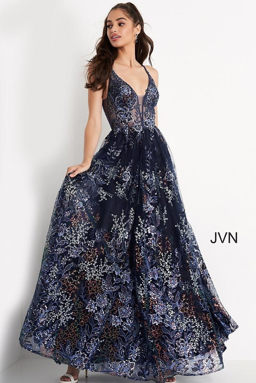 JVN Prom JVN06457 Floral V Neck Sequin ...